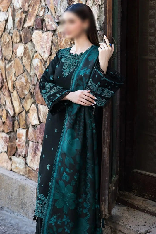 3-Piece Dhanak & Pashmina Shawl — Midnight Emerald (Kashmiri Resham)