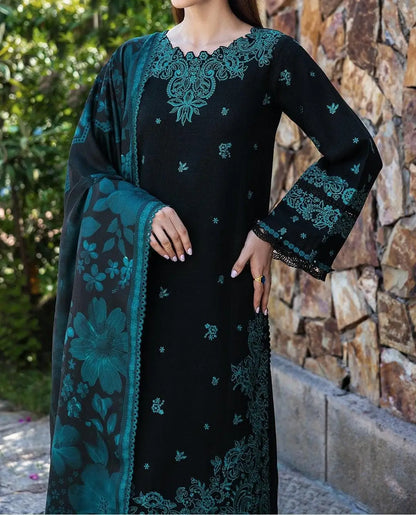 3-Piece Dhanak & Pashmina Shawl — Midnight Emerald