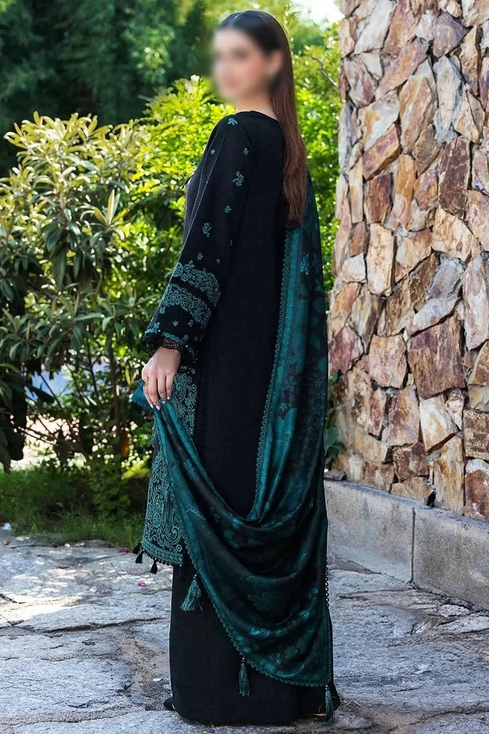 3-Piece Dhanak & Pashmina Shawl — Midnight Emerald