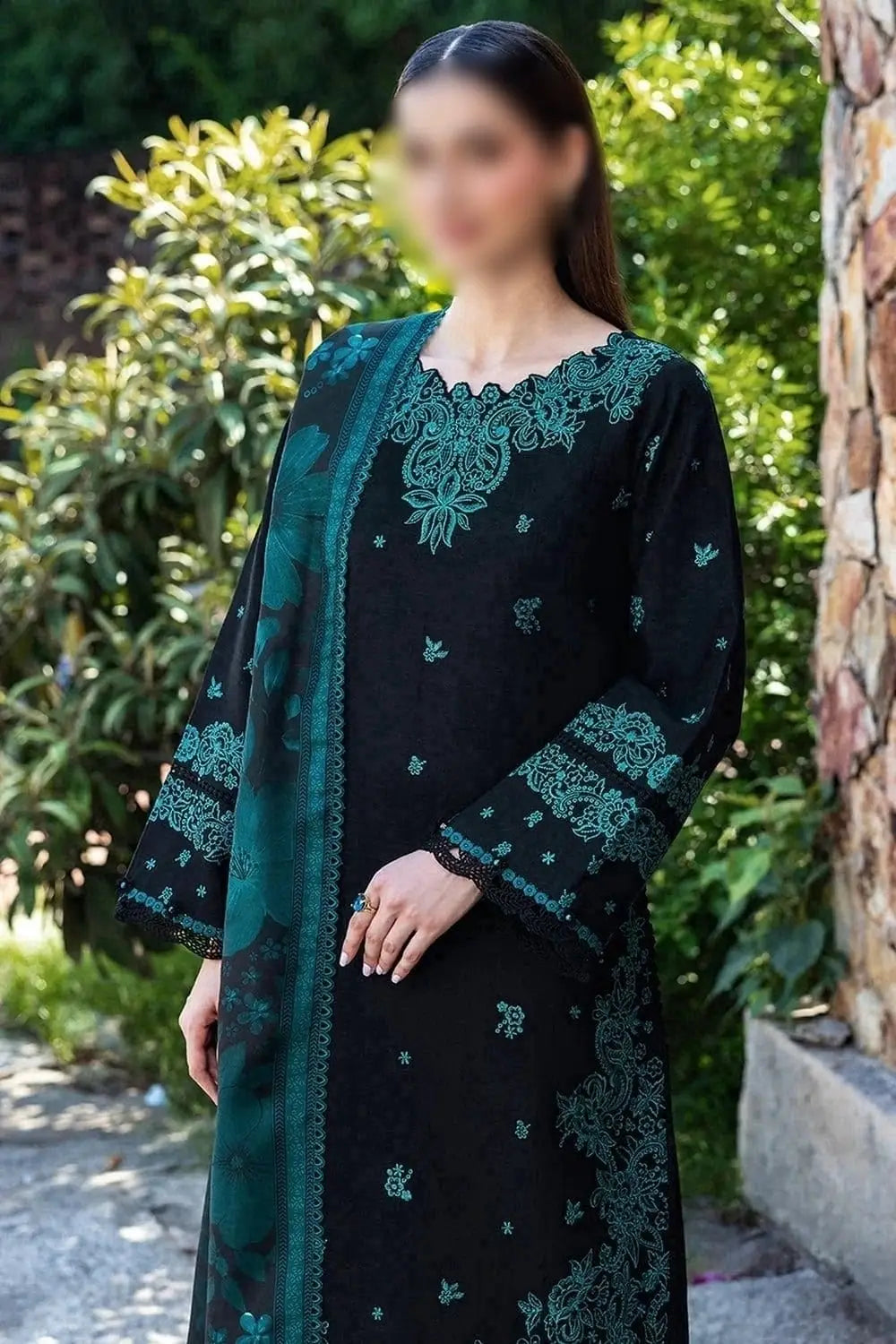 3-Piece Dhanak & Pashmina Shawl — Midnight Emerald