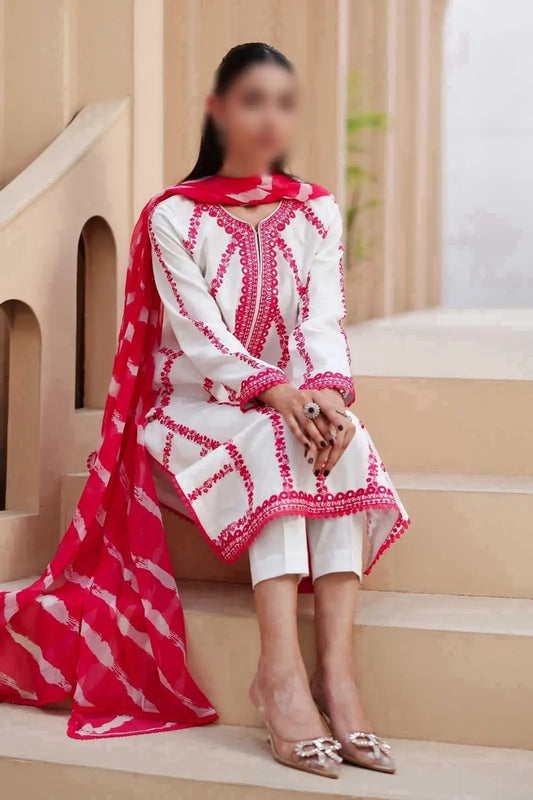 3-Piece Dhanak & Pashmina Shawl — Ivory Rose (Fuchsia Chikankari)