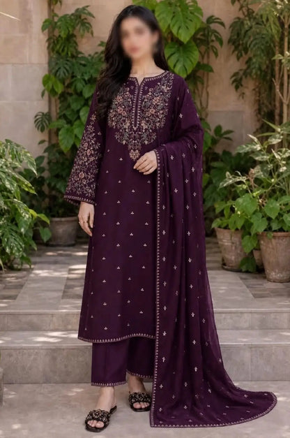 3-Piece Dhanak & Chiffon Dupatta — Aubergine Plum