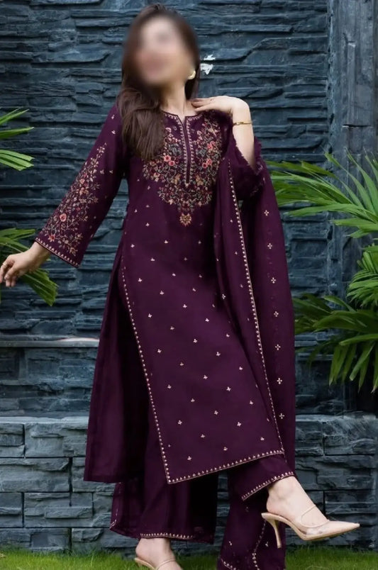 3-Piece Dhanak & Chiffon Dupatta — Aubergine Plum