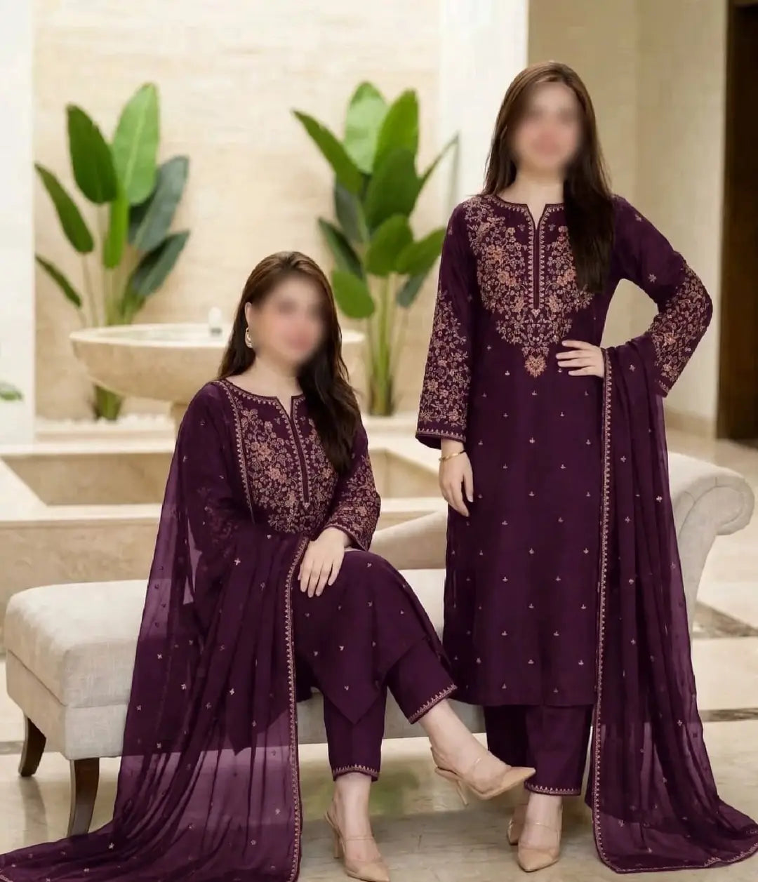 3-Piece Dhanak & Chiffon Dupatta — Aubergine Plum