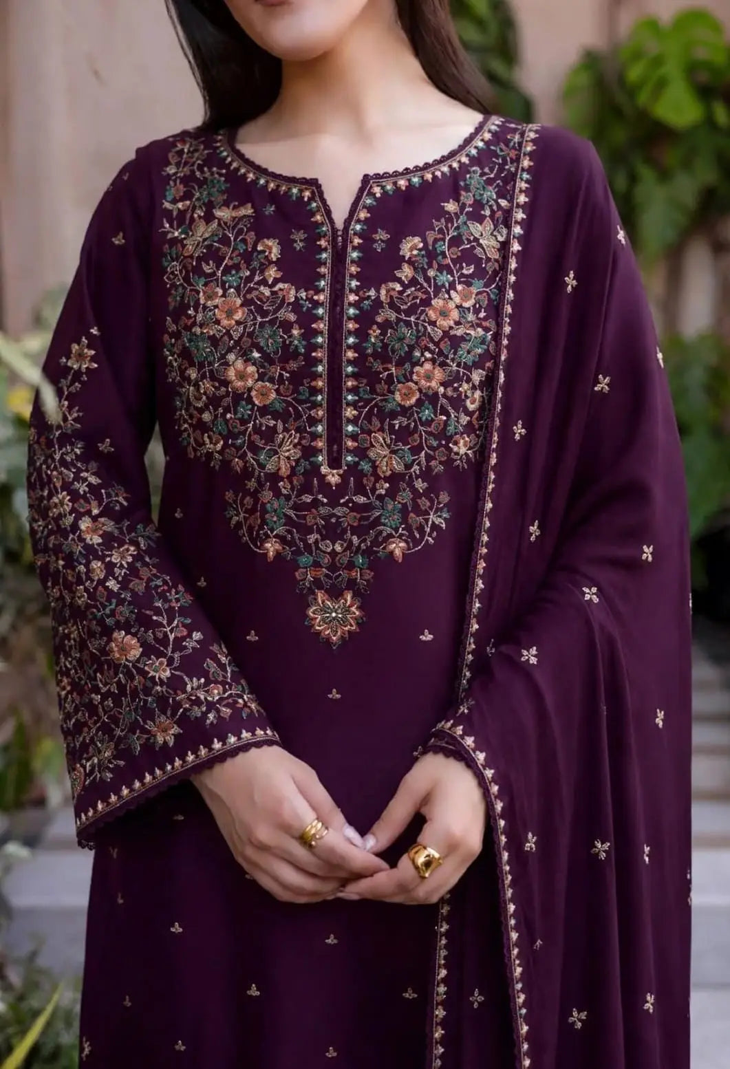 3-Piece Dhanak & Chiffon Dupatta — Aubergine Plum