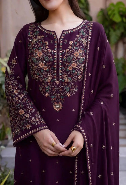 3-Piece Dhanak & Chiffon Dupatta — Aubergine Plum