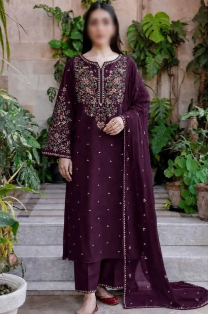 3-Piece Dhanak & Chiffon Dupatta — Aubergine Plum