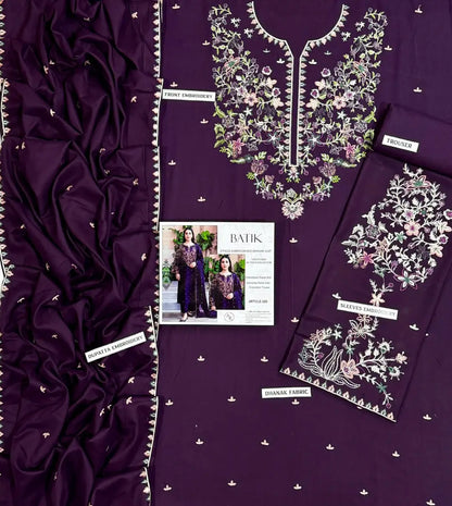 3-Piece Dhanak & Chiffon Dupatta — Aubergine Plum