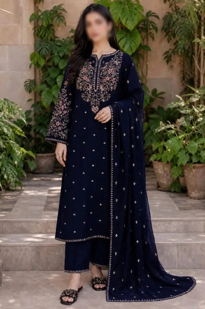3-Piece Dhanak & Chiffon Dupatta — Midnight Navy