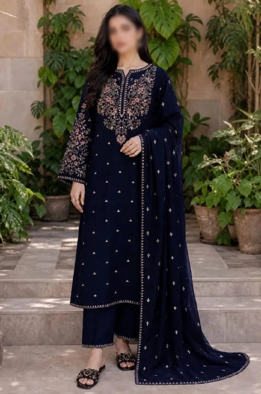 3-Piece Dhanak & Chiffon Dupatta — Midnight Navy