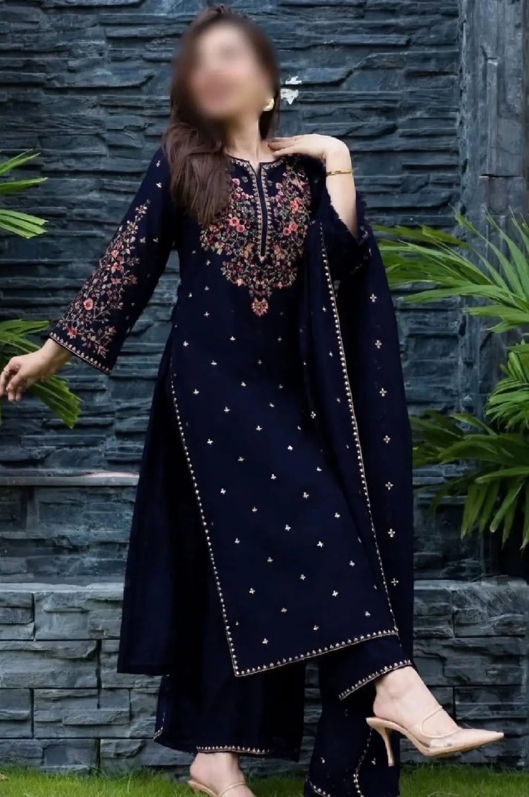 3-Piece Dhanak & Chiffon Dupatta — Midnight Navy