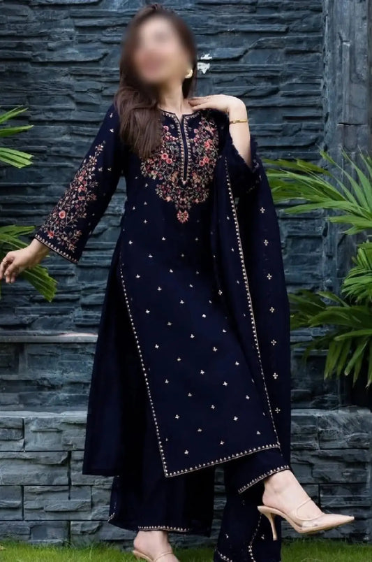 3-Piece Dhanak & Chiffon Dupatta — Midnight Navy