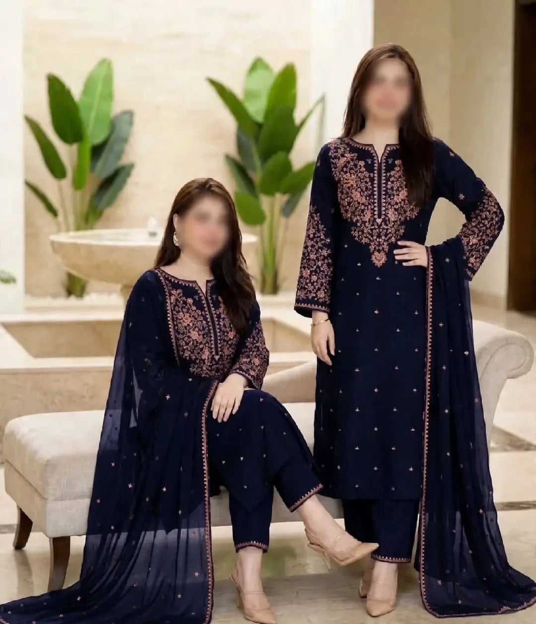 3-Piece Dhanak & Chiffon Dupatta — Midnight Navy