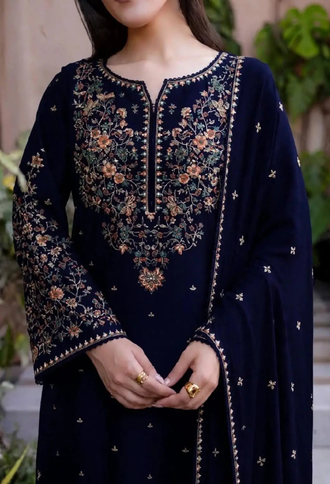 3-Piece Dhanak & Chiffon Dupatta — Midnight Navy