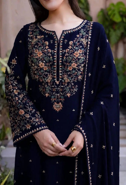 3-Piece Dhanak & Chiffon Dupatta — Midnight Navy