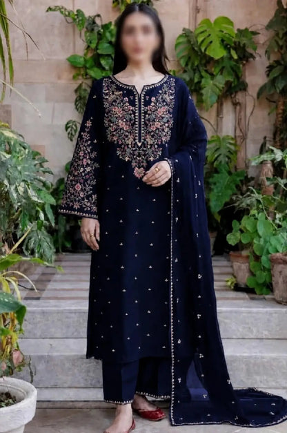 3-Piece Dhanak & Chiffon Dupatta — Midnight Navy