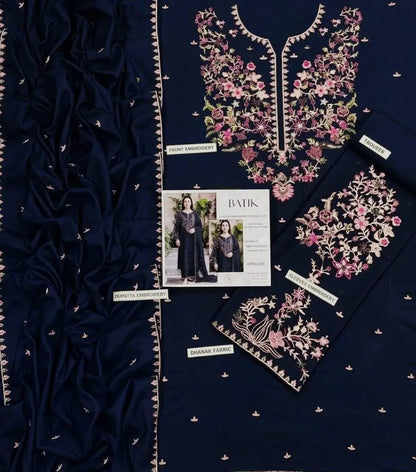 3-Piece Dhanak & Chiffon Dupatta — Midnight Navy