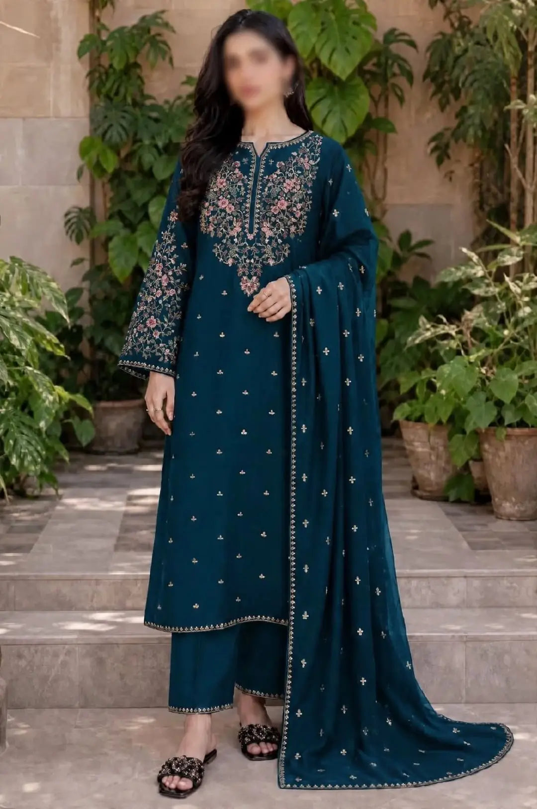 3-Piece Dhanak & Chiffon Dupatta — Peacock Teal