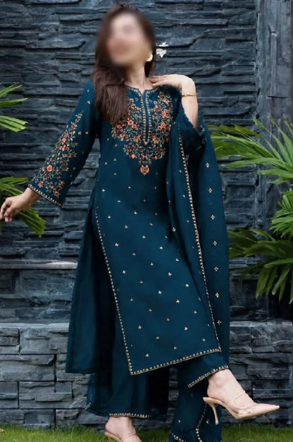 3-Piece Dhanak & Chiffon Dupatta — Peacock Teal
