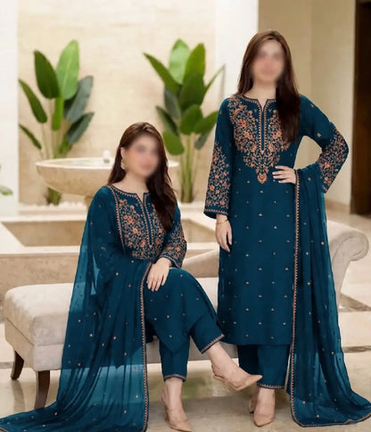 3-Piece Dhanak & Chiffon Dupatta — Peacock Teal