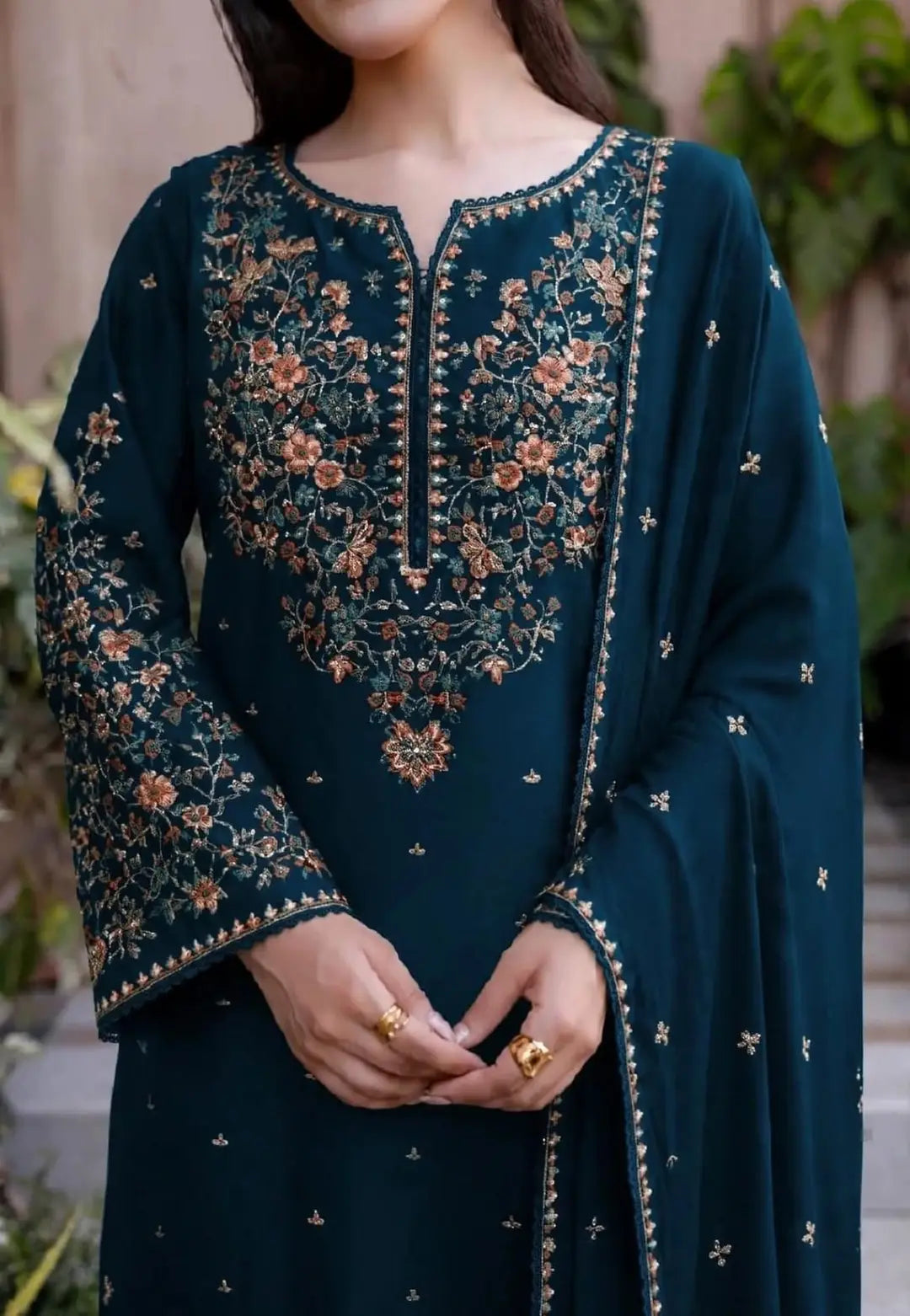 3-Piece Dhanak & Chiffon Dupatta — Peacock Teal