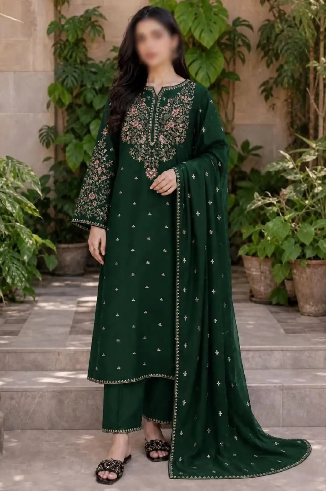 3-Piece Dhanak & Chiffon Dupatta — Emerald Pine