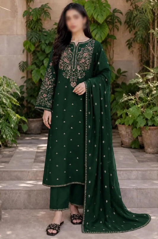 3-Piece Dhanak & Chiffon Dupatta — Emerald Pine