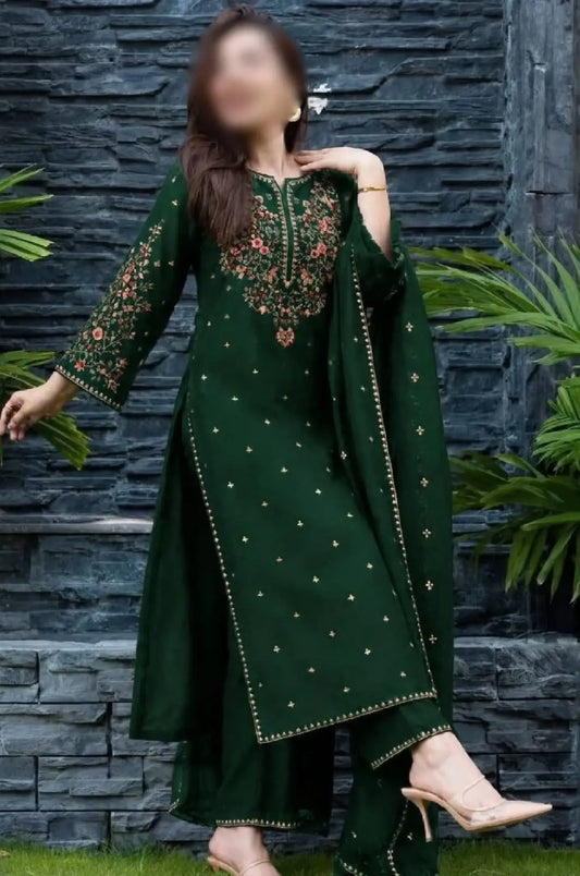 3-Piece Dhanak & Chiffon Dupatta — Emerald Pine