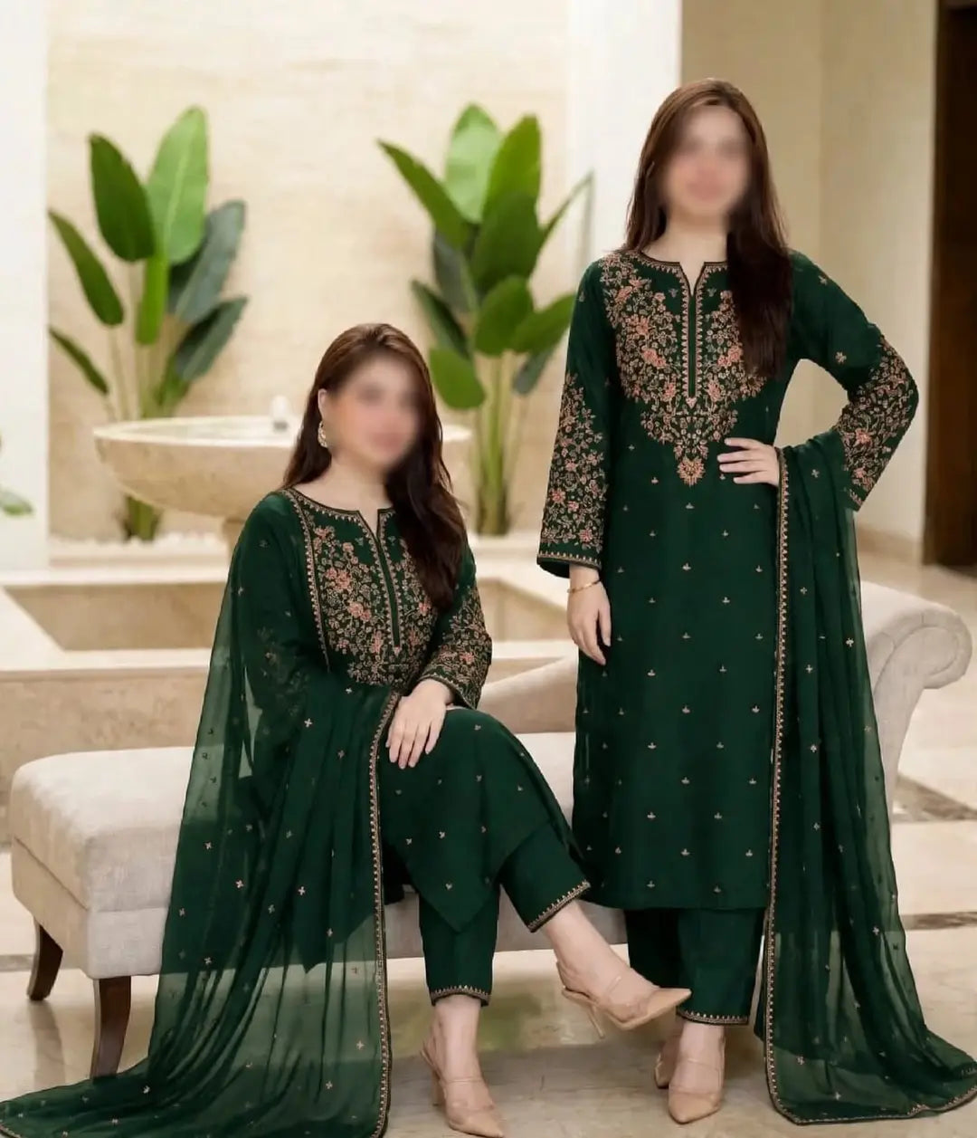 3-Piece Dhanak & Chiffon Dupatta — Emerald Pine