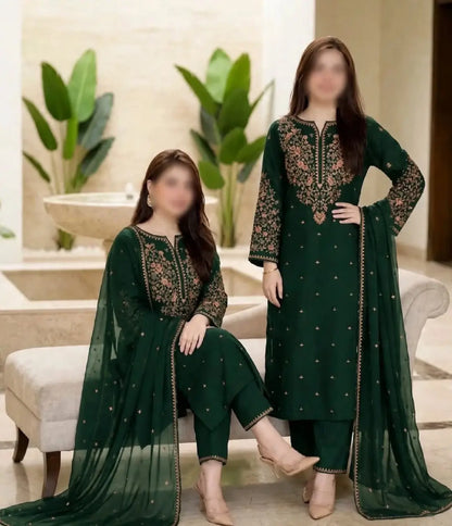 3-Piece Dhanak & Chiffon Dupatta — Emerald Pine