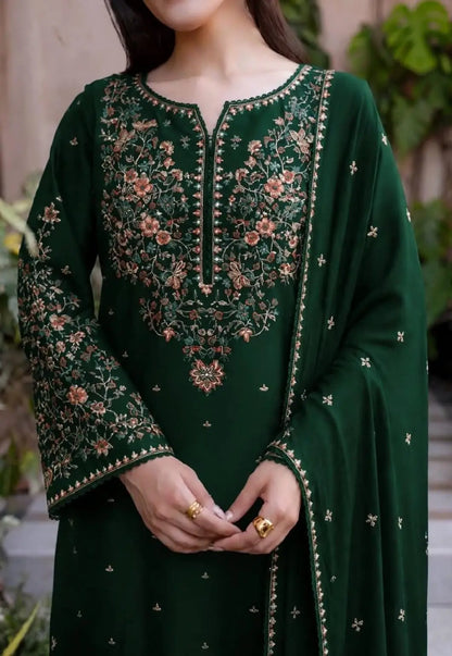 3-Piece Dhanak & Chiffon Dupatta — Emerald Pine