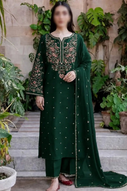 3-Piece Dhanak & Chiffon Dupatta — Emerald Pine