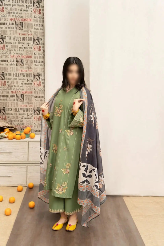 3-Piece Dhanak & Pashmina Shawl — Olive Amber (Kashmiri Tilla)