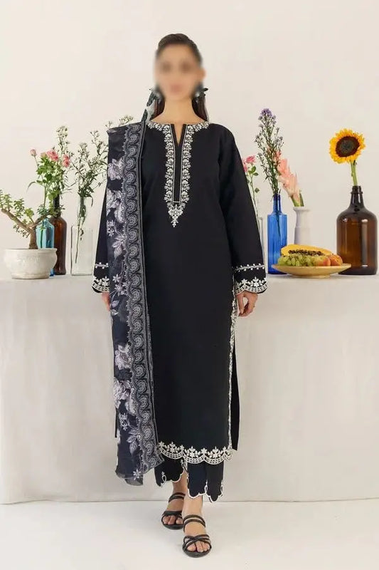 3-Piece Dhanak & Pashmina Shawl — Noir Black (Cutwork Daman)