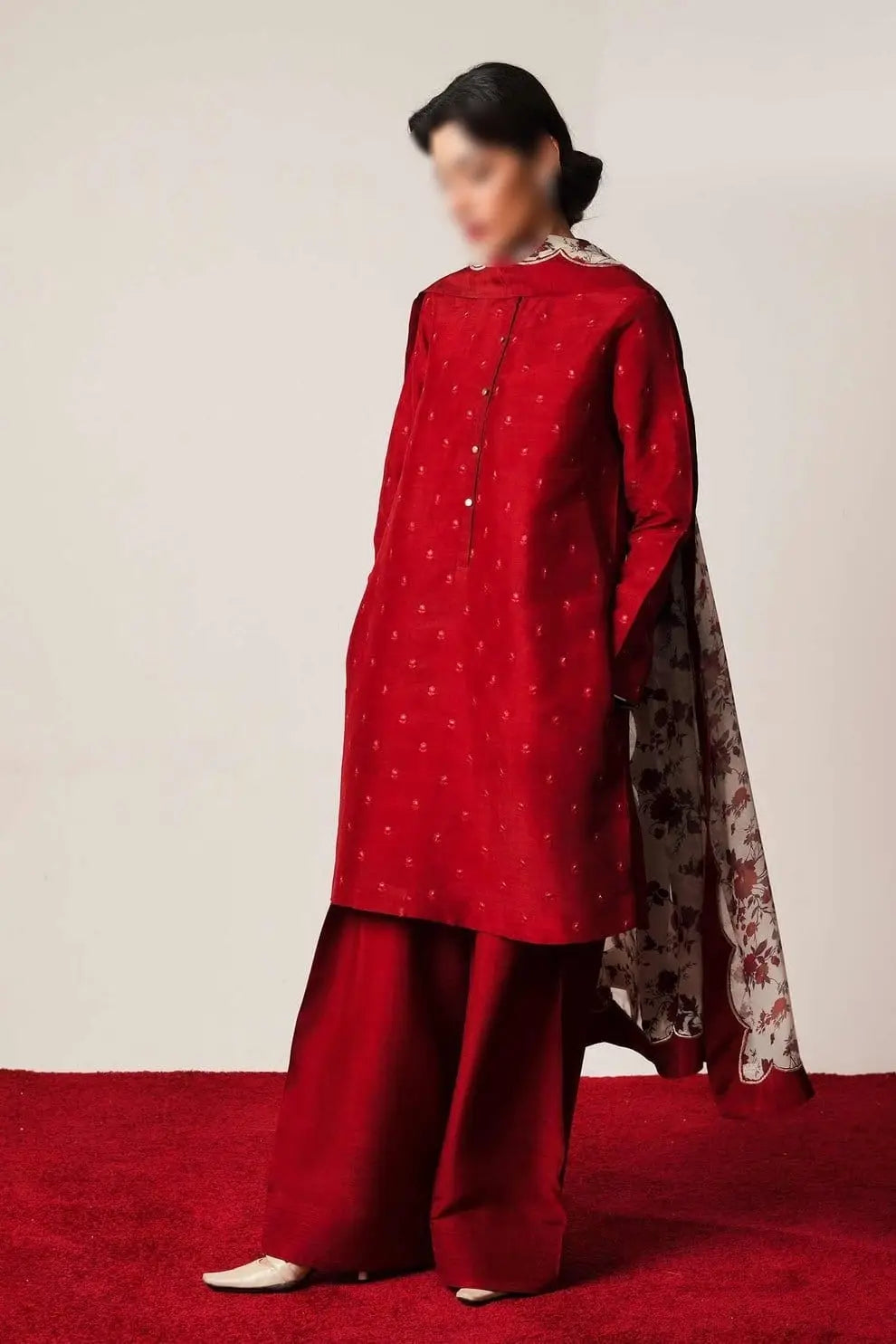 3-Piece Dhanak & Pashmina Shawl — Ruby Red (Royal Resham)