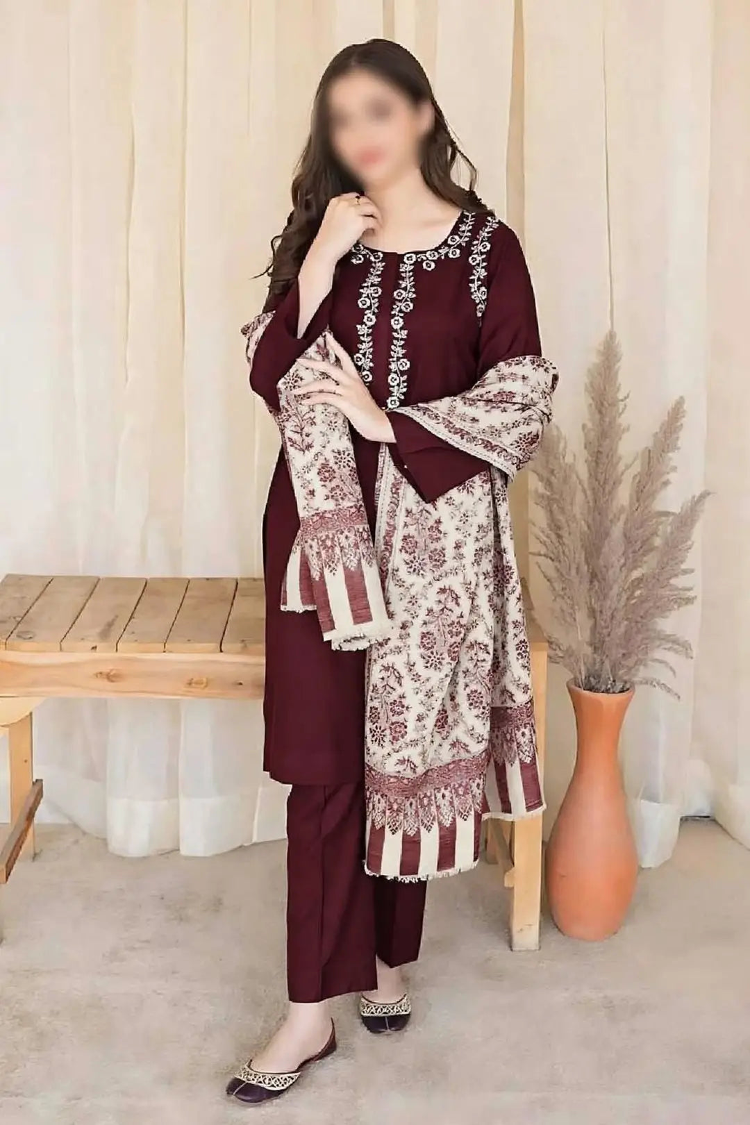 3-Piece Dhanak & Pashmina Shawl — Deep Maroon