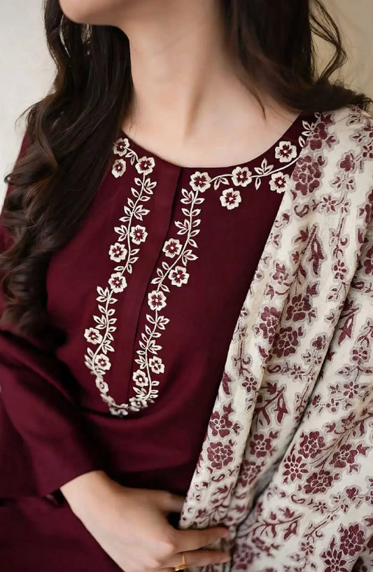 3-Piece Dhanak & Pashmina Shawl — Deep Maroon (Resham Floral)