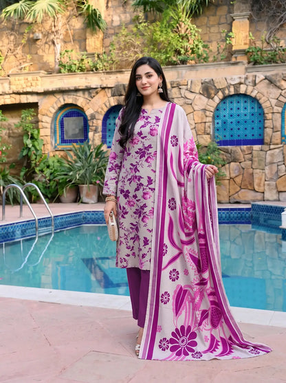 3-Piece Digital Printed Winter Linen Suit — Royal Navy