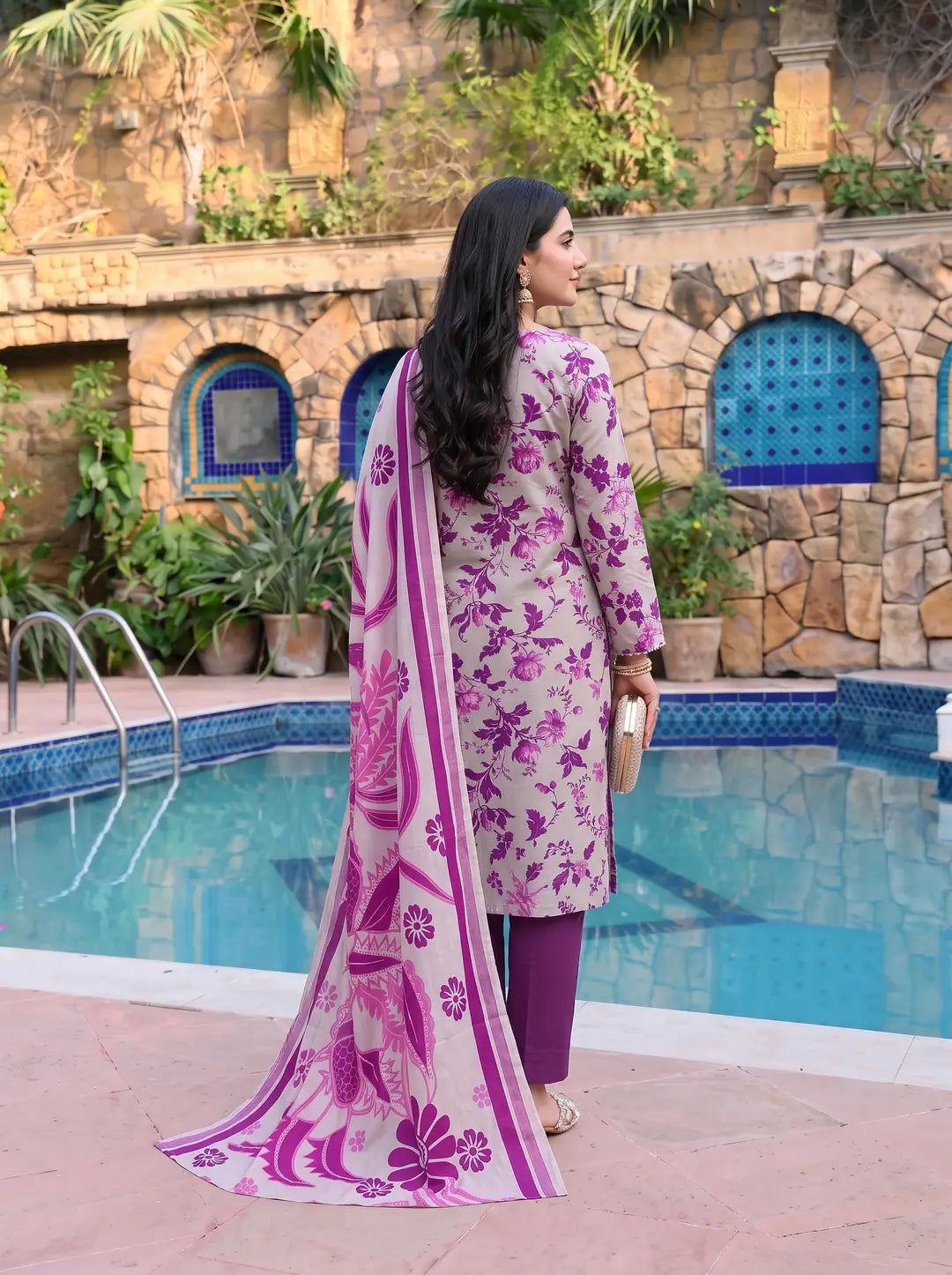3-Piece Digital Printed Winter Linen Suit — Royal Navy