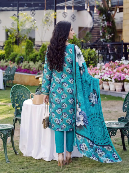 3-Piece Digital Printed Winter Linen Suit — Twilight Teal