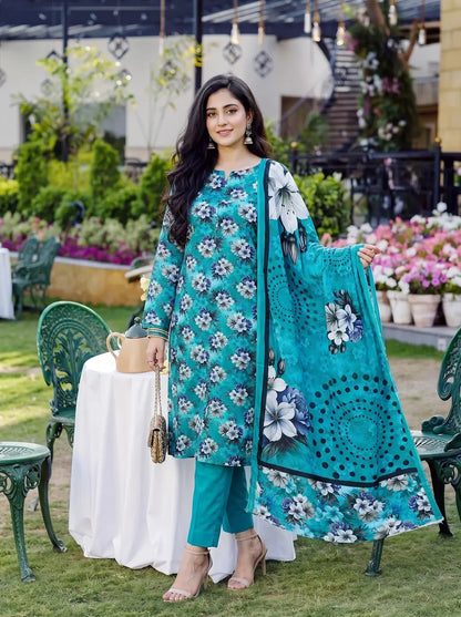 3-Piece Digital Printed Winter Linen Suit — Twilight Teal