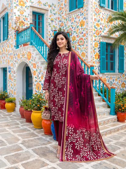 3-Piece Digital Printed Winter Linen Suit — Scarlet Blossom
