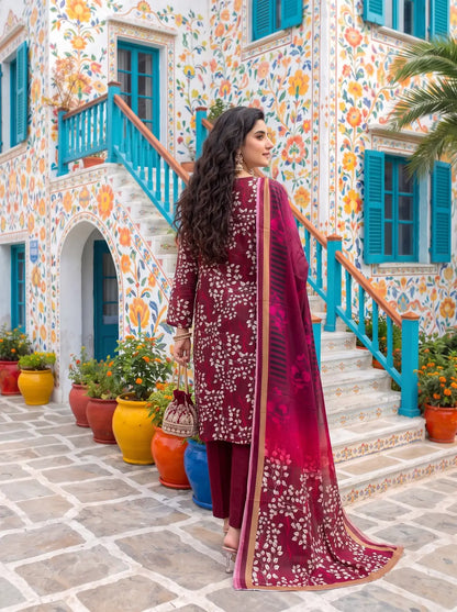 3-Piece Digital Printed Winter Linen Suit — Scarlet Blossom