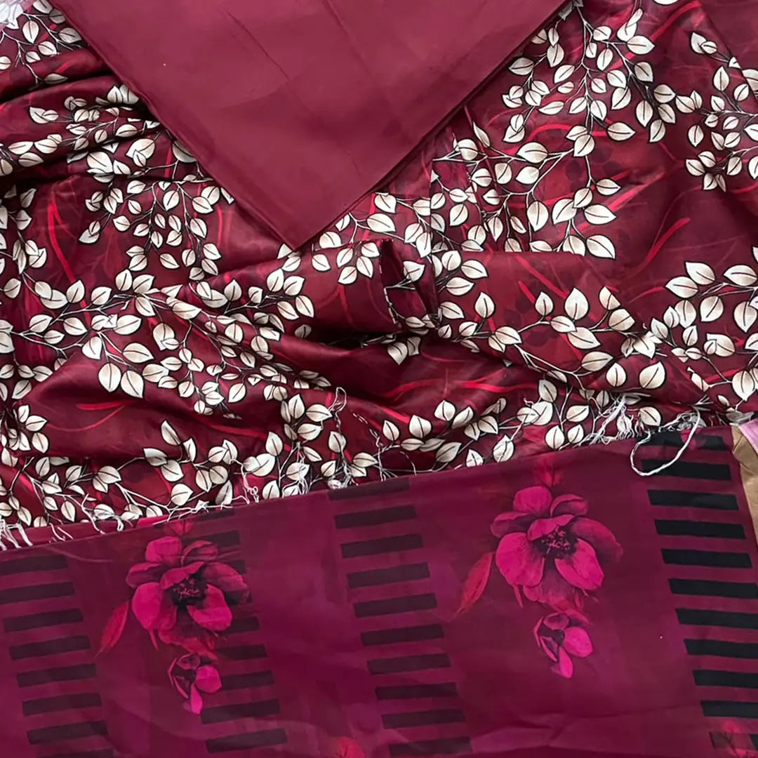3-Piece Digital Printed Winter Linen Suit — Scarlet Blossom