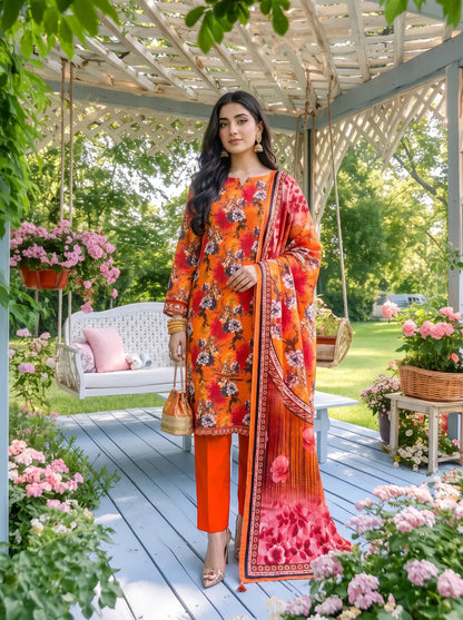 3-Piece Digital Printed Winter Linen Suit — Terracotta Rust