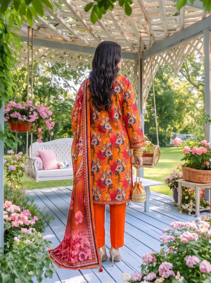 3-Piece Digital Printed Winter Linen Suit — Terracotta Rust