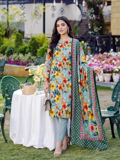 3-Piece Digital Printed Winter Linen Suit — Teal Meadow