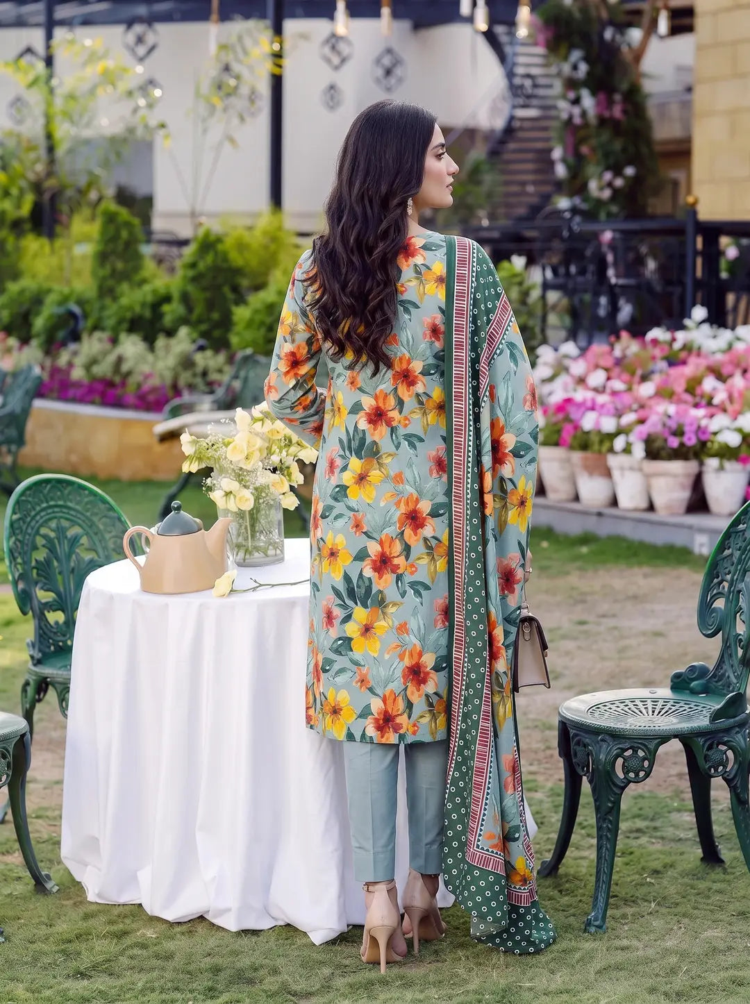 3-Piece Digital Printed Winter Linen Suit — Teal Meadow