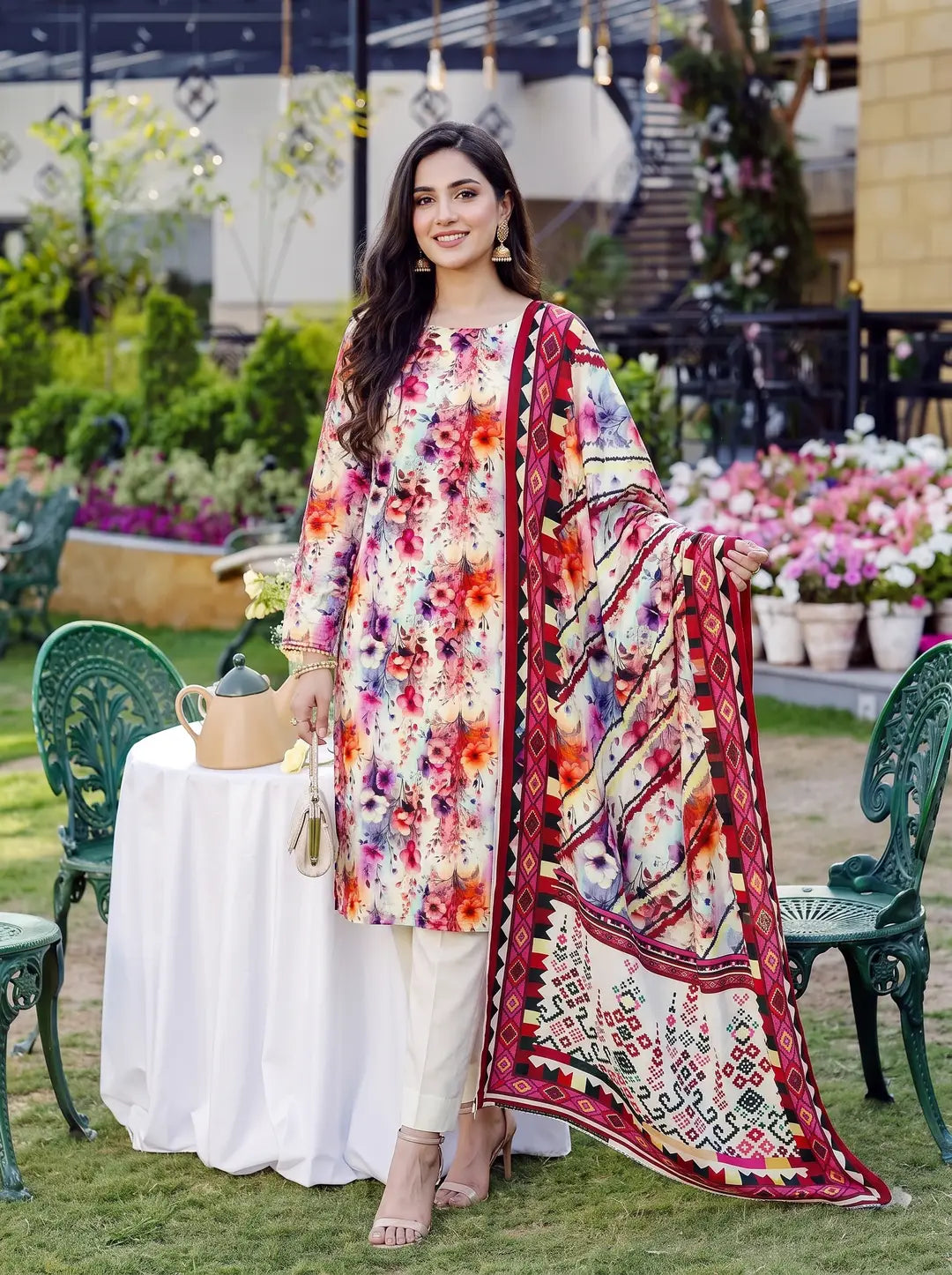 3-Piece Digital Printed Winter Linen Suit — Slate Charcoal