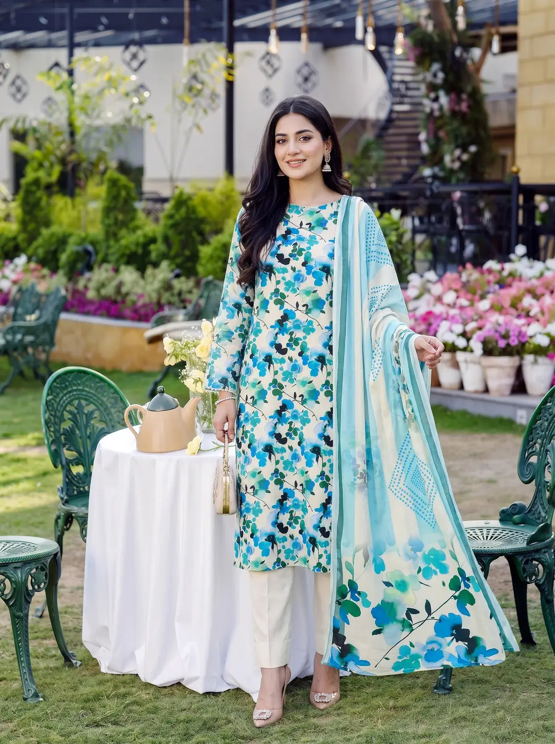 3-Piece Digital Printed Winter Linen Suit — Mustard Gold